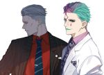  2boys black_jacket black_neckwear blue_neckwear collared_shirt diagonal-striped_neckwear diagonal_stripes facial_mark formal green_eyes green_hair green_lipstick grey_hair isshiki_(ffmania7) jacket joe_rikiichi lipstick looking_away looking_to_the_side maimoto_keisuke makeup male_focus multicolored_hair multiple_boys necktie nijisanji open_clothes open_jacket pink_shirt pinstripe_suit profile purple_hair red_shirt shirt simple_background striped striped_neckwear suit two-tone_hair upper_body virtual_youtuber white_background white_jacket 