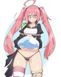  1girl 1other ahoge arm_at_side blue_eyes blush breasts fang flying_sweatdrops groin_tendon hair_between_eyes long_hair milim_nava pink_hair rimuru_tempest single_thighhigh slime small_breasts striped striped_legwear sweatdrop tensei_shitara_slime_datta_ken thighhighs thighs tilt-shift twintails 