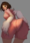  2020 bottomwear breasts brown_hair butt clothing female growth hair hand_on_butt hi_res humanoid legendary_pok&eacute;mon looking_back lugia nintendo open_mouth pok&eacute;mon pok&eacute;mon_(species) raaggu rear_view shorts simple_background solo surprise tail_growth transformation video_games 