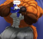  2015 5_fingers anthro balls big_balls big_bulge big_muscles big_penis black_nipples bottomwear bulge canid canine clothed clothing duo english_text eyewear fierglief fingers fox genitals gilwal glasses holding_another huge_balls huge_bulge huge_muscles huge_penis hyper hyper_balls hyper_bulge hyper_genitalia hyper_muscles hyper_penis male mammal muscular nipple_piercing nipples pants penis piercing screaming size_difference speech_bubble text topless tyrse 