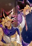  2boys absurdres atem black_hair blonde_hair cape closed_mouth dark_skin dark_skinned_male earrings egyptian_clothes gold highres jacket jewelry light_smile looking_at_another male_focus millennium_puzzle multiple_boys mutou_yuugi purple_eyes purple_hair red_eyes shirt tounori_(nrmc_7) tunic white_shirt yu-gi-oh! yu-gi-oh!_duel_monsters 