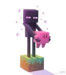  2020 ambiguous_gender biped black_body blush carrying crossover digital_media_(artwork) dirt duo enderman grass hi_res humanoid kirby kirby_(series) minecraft mouthless nintendo not_furry pink_body purple_eyes simple_background standing text uno_yuuji url video_games waddling_head white_background 