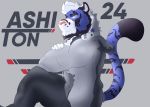  anthro ashi_(character) ashi_ton blue_body blue_eyes blue_fur clothed clothing felid feline fur grey_background hair male male/male mammal pantherine pink_nose simple_background solo stripes tiger white_hair white_hands 