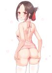  1girl ass backboob backless_outfit bangs bare_arms bare_shoulders blush breasts brown_hair brown_sweater c8oyk commentary folded_ponytail from_behind hair_ribbon hands_on_own_ass kaguya-sama_wa_kokurasetai_~tensai-tachi_no_renai_zunousen~ looking_at_viewer medium_breasts meme_attire naked_sweater no_bra no_panties open_mouth parted_bangs red_eyes red_ribbon ribbon shinomiya_kaguya short_hair skindentation solo standing sweater thighhighs virgin_killer_sweater white_legwear 