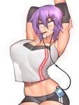  1girl absurdres arms_up blue_eyes breasts cleavage covered_nipples earphones english_commentary eyebrows_visible_through_hair facial_scar hair_between_eyes highres huge_breasts maya_(roadi3) midriff nose_scar original purple_hair roadi3 scar short_hair shorts simple_background solo standing white_background 