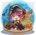  1girl :d black_legwear blush brown_eyes bubble character_name chibi commentary_request diamond_(gemstone) eyepatch eyepatch_removed fang full_body gold_coin hat highres hololive houshou_marine jewelry looking_at_viewer mihanada_kanata necklace open_mouth pearl_(gemstone) pearl_necklace pirate_hat red_hair shadow shell ship sitting skin_fang skull sleeves_past_fingers sleeves_past_wrists smile snow_globe solo starfish thighhighs treasure_chest twintails virtual_youtuber watercraft 