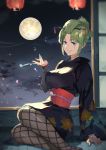  1girl arm_rest backlighting black_kimono breasts cherry_blossoms commentary fishnet_legwear fishnets folded_ponytail full_moon gintama green_hair hair_ornament hairpin highres holding holding_pipe ibaraki_shun japanese_clothes kimono kiseru lantern large_breasts leaf leaf_print maple_leaf moon night night_sky obi open_window pantyhose petals pipe purple_eyes sash scar scar_across_eye sidelocks sitting sky smile smoking solo stitches tsukuyo_(gintama) window yokozuwari 