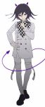  1boy black_hair character_name checkered checkered_neckwear checkered_scarf danganronpa finger_to_mouth full_body hair_between_eyes hand_on_hip highres horns index_finger_raised io_(sinking=carousel) long_sleeves male_focus new_danganronpa_v3 ouma_kokichi purple_eyes scarf simple_background smile solo standing straitjacket tail white_background 
