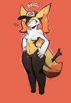  anthro baseball_cap bite biting_lip blush bodily_fluids braixen breasts chest_tuft clothed clothing dialogue female fluffy fluffy_tail hands_on_hips hat headgear headwear kawfee neck_tuft nervous nintendo pok&eacute;mon pok&eacute;mon_(species) slim small_breasts small_waist solo stick sweat sweatdrop thick_thighs topless tuft video_games wide_hips 
