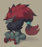  2020 accessory ambiguous_gender anthro black_hair brown_background claws finger_claws fur green_eyes grey_body grey_fur grumpy hair hair_accessory hioshiru inner_ear_fluff long_hair looking_at_viewer nintendo pawpads pink_pawpads pok&eacute;mon pok&eacute;mon_(species) red_body red_claws red_fur red_hair shaded simple_background sitting solo toe_claws tuft video_games zoroark 