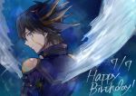  1boy bangs black_hair blue_eyes blue_jacket closed_mouth collarbone facial_mark from_behind fudou_yuusei grey_background hair_between_eyes happy_birthday highlights highres jacket light_smile long_hair looking_at_viewer looking_back male_focus multicolored_hair smile solo spiked_hair star_(sky) tounori_(nrmc_7) upper_body wings yu-gi-oh! yu-gi-oh!_5d&#039;s 