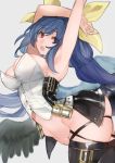  1girl angel_wings armpits arms_up asymmetrical_wings bangs bare_shoulders belt black_legwear black_panties blue_hair breasts buttons choker cleavage cleavage_cutout clothing_cutout dizzy_(guilty_gear) eyebrows_visible_through_hair guilty_gear guilty_gear_xrd hair_between_eyes hair_ribbon hair_rings hip_bones large_breasts maka_(morphine) midriff monster_girl navel open_mouth panties red_eyes ribbon sideboob simple_background skindentation solo tail thigh_gap thigh_strap thighhighs thighs twintails underwear white_background wings yellow_ribbon 