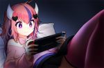  1girl commission english_commentary hair_ornament handheld_game_console heart heart_hair_ornament holding holding_handheld_game_console horns indie_virtual_youtuber ironmouse looking_down lying nintendo_switch on_back on_bed pink_hair playing_games pokey pout purple_eyes solo two_side_up virtual_youtuber watermark 