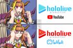  1girl :d bilibili_douga black-framed_eyewear bow company_name dr._omonemushi dragon_horns dragon_tail fang glasses hololive horn_bow horns kiryuu_coco long_hair meme open_mouth orange_hair people&#039;s_republic_of_china_flag peter_parker&#039;s_glasses_(meme) pointy_ears red_eyes skin_fang smile striped striped_bow tail youtube youtube_logo 