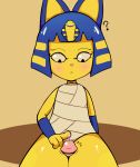  ? animal_crossing ankha_(animal_crossing) anthro blue_hair blush bodily_fluids clothed clothing domestic_cat duo egyptian felid feline felis female genital_fluids genitals hair looking_at_genitalia looking_down male male/female mammal nintendo pawpads penis precum sex shaking short_hair simple_background solidpoint solo_focus thick_thighs thigh_sex video_games yellow_body yellow_skin 