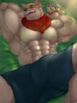  3:4 4_fingers abs absurd_res anthro bed bed_sheet bedding big_arms big_muscles big_pecs bulge claws clothing colored fangs fingers furniture genital_outline heyimteedo hi_res huge_muscles league_of_legends male muscular muscular_anthro muscular_male navel neck_floof open_mouth pawpads pecs penis_outline riot_games sleeping solo teemo_(lol) teeth thick_thighs underwear video_games yordle 