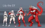 2018 5_fingers angry anthro barefoot black_nose bra breasts clenched_teeth clothing dragon einom elf female fingers fur growth hair horn horn_growth humanoid humanoid_pointy_ears humanoid_to_anthro muscle_growth muscular muscular_female navel nude open_mouth red_body red_fur sequence silver_hair simple_background solo standing tail_growth teeth torn_clothing transformation underwear 