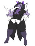  anthro arachnid arthropod black_hair black_tie_(suit) breasts clothing fangs female footwear gloves hair handwear hi_res high_heels muffet multi_arm multi_eye multi_limb non-mammal_breasts pink_ribbon purple_body robertge shoes sketch smile solo spider suit undertale video_games white_clothing white_gloves 