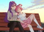  2girls artist_name bangs beige_sweater bench black_pants blush book book_on_lap closed_eyes commentary commission doki_doki_literature_club english_commentary hair_between_eyes hand_on_own_knee leaning_on_person long_sleeves multiple_girls natsuki_(doki_doki_literature_club) open_book outdoors pants parted_lips pink_hair pink_skirt purple_eyes purple_hair raynyasha ribbed_sweater shirt short_hair sitting skirt sleeping smile socks sweater swept_bangs turtleneck turtleneck_sweater white_legwear white_shirt yuri yuri_(doki_doki_literature_club) 