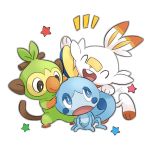  blue_eyes closed_eyes closed_mouth commentary_request fang gen_8_pokemon grookey half-closed_eyes hand_on_another&#039;s_head looking_back mobbbt open_mouth pokemon pokemon_(creature) scorbunny signature smile sobble star_(symbol) starter_pokemon_trio tongue watermark white_background 