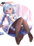  1girl :o animal_ears arm_up artist_name ass bangs bare_shoulders black_gloves blue_hair blush braid breasts brown_legwear bunny bunny_ears bunny_girl carrot cleavage commentary_request feet food_themed_hair_ornament gloves hair_between_eyes hair_ornament hololive leg_garter long_hair looking_at_viewer mujinbi multicolored_hair no_shoes open_mouth pantyhose red_eyes short_sleeves sitting soles solo stuffed_animal stuffed_bunny stuffed_toy toes twin_braids usada_pekora virtual_youtuber white_hair 