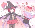  1girl 8takenokonosato8 balloon bangs bird black_headwear black_legwear cake cape confetti cupcake danganronpa dated dove eyebrows_visible_through_hair food hair_ornament happy_birthday hat heart holding holding_clothes holding_hat jacket long_sleeves macaron new_danganronpa_v3 open_mouth pantyhose red_eyes red_hair red_skirt simple_background skirt top_hat witch_hat yumeno_himiko 