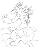  anthro balls black_and_white butt digimon digimon_(species) foot_in_water genitals hot_spring looking_at_viewer male monochrome simple_background sketch solo teeth_showing thegreatmatsutzu water weregarurumon white_background 