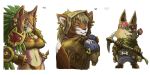  2:1 anthro armor breasts brown_body brown_fur brown_hair canid canine canis clothed clothing female fur group hair holding_object holding_weapon link2004 male mammal multicolored_body multicolored_fur open_mouth open_smile orange_eyes partially_clothed purple_body purple_fur simple_background smile teeth two_tone_body two_tone_fur weapon white_background white_body white_fur wolf yellow_eyes 