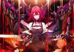  1girl :q absurdres arknights armband bangs bare_shoulders belt black_belt black_dress breasts cleavage cno commentary cowboy_shot detached_collar dress hair_between_eyes highres horns long_hair looking_at_viewer medium_breasts nail_polish purple_eyes red_hair red_nails solo surtr_(arknights) tongue tongue_out 