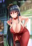  1girl ahoge azur_lane bangs bare_shoulders black_hair black_legwear blush breasts choker cleavage closed_mouth cocktail_dress collarbone crossed_bangs dress eyebrows_visible_through_hair garter_straps gumroad_username hair_between_eyes hands_on_hips hanging_breasts highres hm_(hmongt) huge_breasts indoors jitome large_breasts leaning_forward long_hair looking_at_viewer red_choker red_dress red_eyes smile solo standing taihou_(azur_lane) taihou_(forbidden_feast)_(azur_lane) thighhighs very_long_hair 