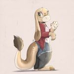  1:1 2020 anthro barefoot clothed clothing female fully_clothed fur gesture head_tuft hi_res looking_at_viewer louart simple_background smile solo standing tuft unknown_species waving 