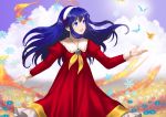  1girl :d bangs blue_eyes blue_flower blue_hair blurry blurry_background bug butterfly cloud day dress field fire_emblem fire_emblem:_the_binding_blade floating_hair flower flower_field green_flower green_rose hair_between_eyes hairband insect lilina_(fire_emblem) long_dress long_hair long_sleeves neckerchief open_mouth outdoors red_dress rose shiny shiny_hair shoochiku_bai smile snowflakes solo standing very_long_hair white_hairband yellow_neckwear 