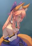  1girl absurdres animal_ear_fluff animal_ears artist_request bare_shoulders blue_kimono blue_ribbon breasts cleavage collarbone detached_sleeves fate/extella fate/extra fate/extra_ccc fate/grand_order fate_(series) fox_ears fox_girl fox_tail hair_ribbon highres japanese_clothes kimono large_breasts looking_at_viewer looking_to_the_side pink_hair ribbon solo tail tamamo_(fate)_(all) tamamo_no_mae_(fate) yellow_eyes 