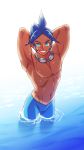  1boy aqua_eyes arms_behind_head bare_chest blue_hair commentary_request goggles goggles_around_neck highres lobolobo2010 looking_at_viewer male_focus marlon_(pokemon) muscle navel parted_lips pokemon pokemon_(game) pokemon_bw2 ripples skin_tight smile solo tan teeth wading water 