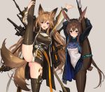  2girls :d amiya_(arknights) animal_ears arknights arms_up ascot ass_visible_through_thighs bangs black_jacket black_legwear blue_eyes blue_neckwear blue_skirt blush brown_hair bunny_ears bunny_tail ceobe_(arknights) commentary_request eyebrows_visible_through_hair grey_background hair_between_eyes highres jacket leg_up long_hair long_sleeves looking_at_viewer miniskirt multiple_girls open_clothes open_jacket open_mouth oripathy_lesion_(arknights) panties pantyhose plaid plaid_skirt pleated_skirt red_eyes shirt sigm@ simple_background skirt smile split standing standing_on_one_leg standing_split tail thighhighs thighlet thighs underwear very_long_hair white_panties white_shirt 