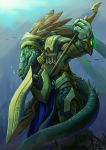  alligator alligatorid angry anthro armor claws clothed clothing crocodilian detailed_background green_body green_eyes headgear helmet hi_res holding_object holding_weapon link2004 male open_mouth reptile scalie solo therianthrope underwater water weapon 