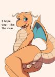  2020 anthro anus backsack balls belly blue_eyes blush butt dabelette dialogue dragonite english_text front_view genitals hi_res looking_at_viewer lying male nintendo nude on_side orange_body penis pok&eacute;mon pok&eacute;mon_(species) presenting presenting_hindquarters shy simple_background solo talking_to_viewer text video_games white_background 