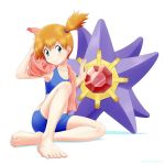  1girl bangs barefoot blush closed_mouth collarbone commentary_request eyelashes gen_1_pokemon green_eyes hair_tie highres holding holding_towel kuroki_shigewo looking_to_the_side misty_(pokemon) orange_hair pink_towel pokemon pokemon_(creature) pokemon_(game) pokemon_frlg side_ponytail sitting smile starmie swimsuit tied_hair toenails toes towel towel_around_neck 