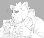  2020 ? anthro blush canid canine clothed clothing eating food humanoid_hands japanese_text kemono male mammal monochrome portrait scarf simple_background slightly_chubby solo sweater syukouakanaru text topwear 