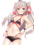  1girl amatsukaze_(kantai_collection) ass_visible_through_thighs bikini black_bikini blush breasts collarbone cowboy_shot eyebrows_visible_through_hair groin hair_between_eyes hair_tubes harukawa_(hal501) highres kantai_collection long_hair navel parted_lips silver_hair simple_background small_breasts solo swimsuit two_side_up white_background windsock yellow_eyes 