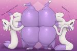  2020 ambiguous/ambiguous ambiguous_gender anthro ass_to_ass big_butt butt dialogue duo english_text eyes_closed flexible fur hi_res huge_butt mienshao multicolored_body multicolored_fur nintendo nude on_one_leg one_leg_up pandashorts pink_background pok&eacute;mon pok&eacute;mon_(species) purple_background purple_body purple_fur raised_leg rear_view red_eyes simple_background sparkles splits spread_legs spreading standing text thick_thighs two_tone_body two_tone_fur vertical_splits video_games white_body white_fur 