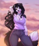  anthro big_breasts black_body black_fur black_hair border_collie bottomwear breasts canid canine canis cleavage clothed clothing collar collie collie_(mal-and-collie) denim denim_clothing domestic_dog female fluffy fluffy_tail fully_clothed fur hair hand_behind_head herding_dog hi_res jeans long_hair looking_at_viewer mammal outside pants pastoral_dog sheepdog shirt smile solo spottedtigress standing tank_top tongue tongue_out topwear white_body white_fur yellow_eyes 