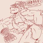  1:1 anthro barrel_(live-a-hero) butt canid canine canis clothing cowboy_hat embarrassed gloves handwear hat headgear headwear live-a-hero looking_back low_res male mammal muscular muscular_anthro muscular_male run_aki sketchy solo torn_clothing wolf 