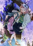  1boy 1girl aqua_eyes black_hair closed_mouth commentary facial_scar floral_print fox_mask haori in_tree japanese_clothes kimetsu_no_yaiba kimono long_hair long_sleeves makomo_(kimetsu) mask mask_on_head pink_hair sabito_(kimetsu) scar scar_on_cheek sitting sitting_in_tree tree wide_sleeves yinghuo 