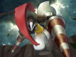  armor blurry blurry_background commentary_request day escavalier from_below gen_5_pokemon highres leaves_in_wind looking_at_viewer no_humans outdoors plume pokemon pokemon_(creature) red_eyes rio_(user_nvgr5434) tree yellow_sclera 