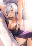  1girl absurdres arms_up bangs bed bed_sheet black_bra black_panties blush bra breasts cleavage dark_skin eyebrows_visible_through_hair glasses highres holding holding_pillow kantai_collection lace-trimmed_bra lace-trimmed_panties lace_trim large_breasts lingerie long_hair lying musashi_(kantai_collection) navel on_bed on_side open_mouth panties pillow red_eyes solo twintails underwear white_hair yunamaro 