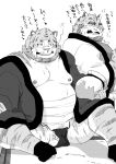  2020 anthro asian_clothing balls belly clothing drunk duo east_asian_clothing felid fundoshi genitals hi_res japanese_clothing japanese_text kemono male mammal monochrome moobs nipples overweight overweight_male pantherine shintatokoro sitting substance_intoxication text tiger underwear 