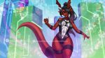  16:9 alanscampos anthro black_hair breasts cleavage clothed clothing digimon digimon_(species) female guilmon hair head_wings navel nipple_outline red_body red_scales scales solo widescreen wings 