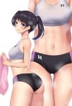  1girl abs ass ass_visible_through_thighs bangs bare_shoulders black_buruma black_hair blue_eyes blush breasts buruma butt_crack collarbone commentary_request cowboy_shot eyebrows_visible_through_hair groin hair_tie holding holding_towel huyumitsu looking_at_viewer medium_breasts midriff multiple_views navel original ponytail see-through sidelocks simple_background smile sports_bra standing steam stomach sweat thigh_gap toned towel twisted_torso wet wet_clothes white_background white_sports_bra 