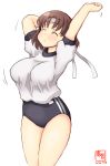  1girl :&lt; alternate_costume arm_up artist_logo black_buruma breasts brown_hair buruma chiyoda_(kantai_collection) closed_eyes cowboy_shot dated exercise eyebrows_visible_through_hair gym_shirt gym_uniform headband highres kanon_(kurogane_knights) kantai_collection large_breasts shirt short_hair short_sleeves shorts signature simple_background solo stretch white_background white_headband white_shirt 